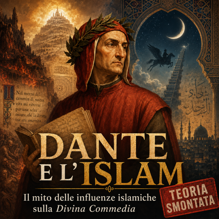 Dante Alighieri davanti alla Divina Commedia con riferimenti al viaggio ultraterreno e al mito dell’influenza islamica sull’opera dantesca