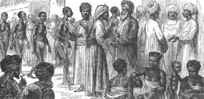 Incisione ottocentesca di un mercato di schiavi nell’Africa orientale