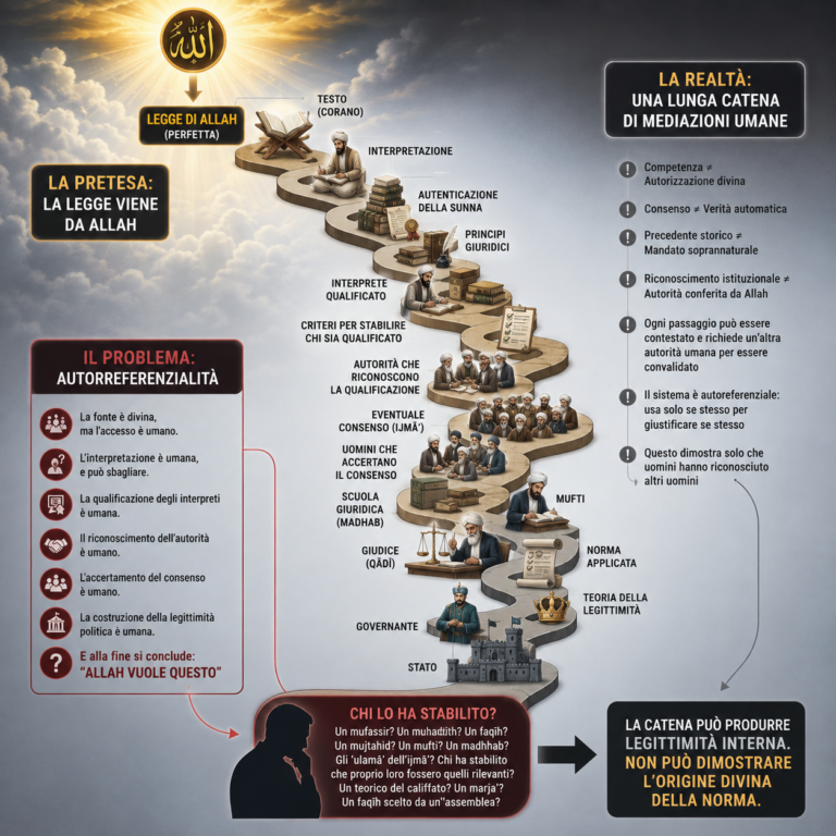 Infografica sulla catena dell’autorità islamica: dalla presunta legge di Allah al testo, all’interpretazione, ai giuristi, al consenso, al mufti, al giudice, al governante e allo Stato.