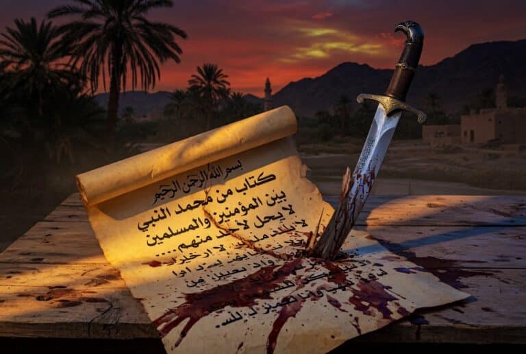alt="Costituzione di Medina smascherata: il falso patto di tolleranza che precedette il massacro delle tribù ebraiche di Medina secondo Ibn Ishaq"