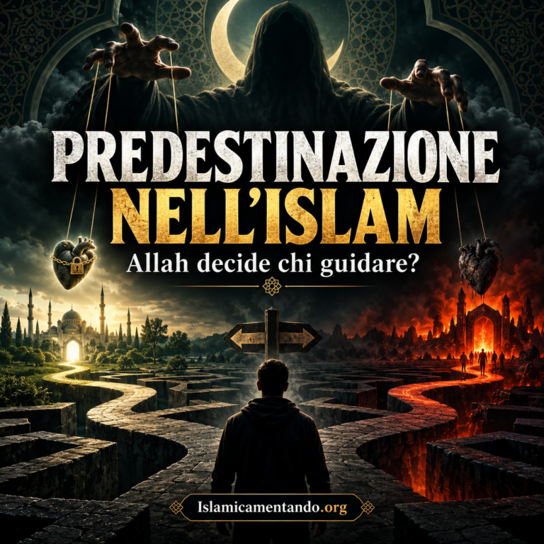 Illustrazione sulla predestinazione nell’Islam: un uomo davanti a due strade, sotto una figura che controlla il destino con dei fili.