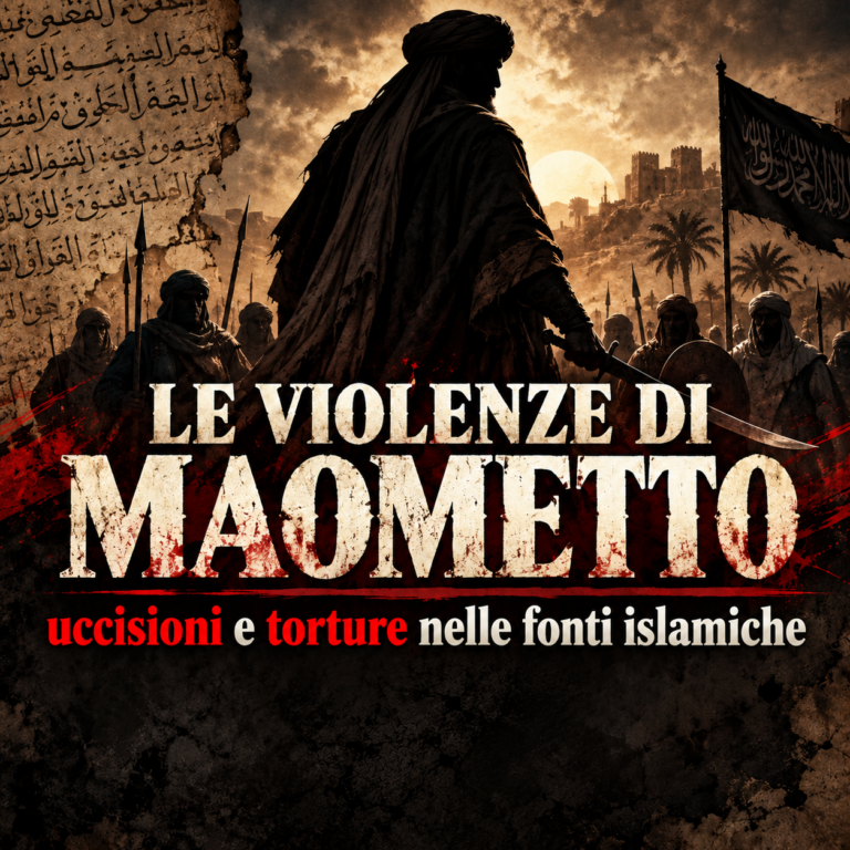 Illustrazione storica delle violenze attribuite a Maometto nelle fonti islamiche, con guerrieri armati e titolo dell'articolo.