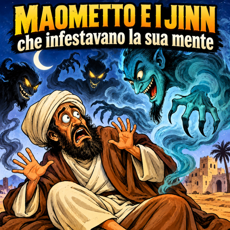 Illustrazione satirica di Maometto spaventato e circondato da jinn e demoni, ispirata ai racconti del Corano e degli hadith.