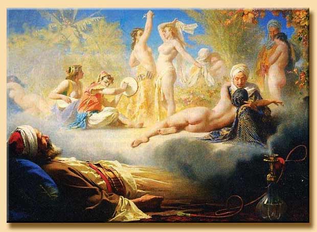Paradiso islamico con promesse materiali di acqua, frutti, vino e donne paradisiache nell’immaginario dei primi convertiti all’Islam