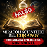 Miracoli scientifici del Corano: immagine critica con Corano, DNA e simboli scientifici