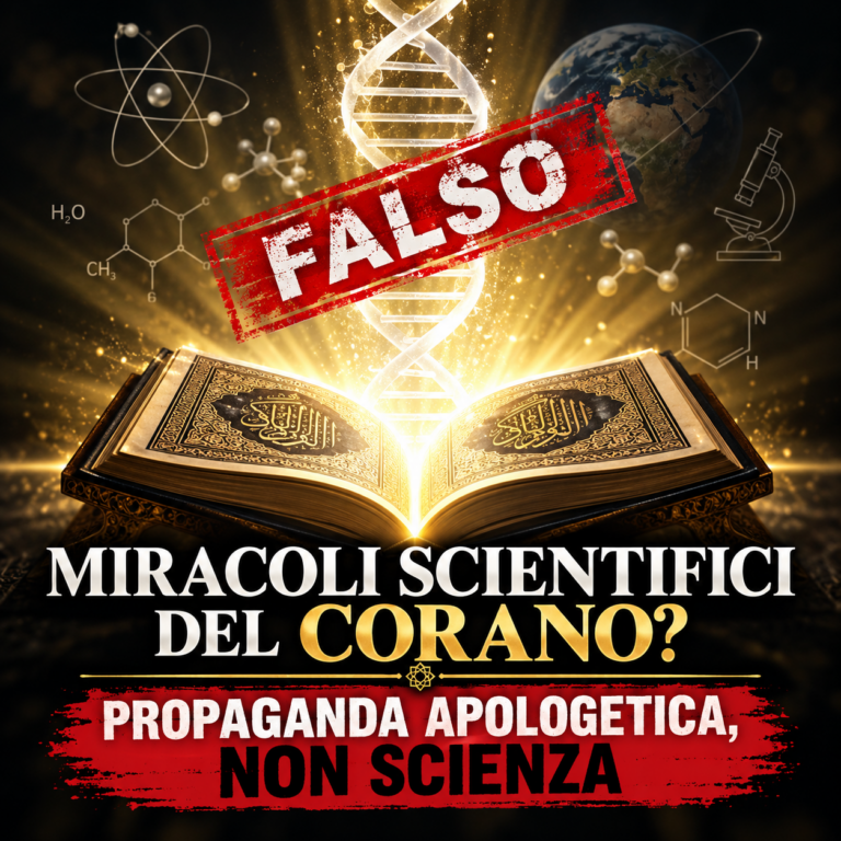 Miracoli scientifici del Corano: immagine critica con Corano, DNA e simboli scientifici