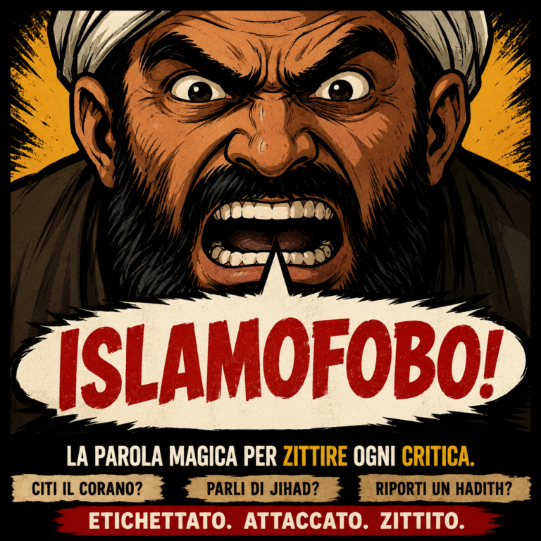 Immagine satirica sull’accusa di islamofobia usata per zittire chi critica l’Islam, cita il Corano, parla di jihad o riporta gli hadith