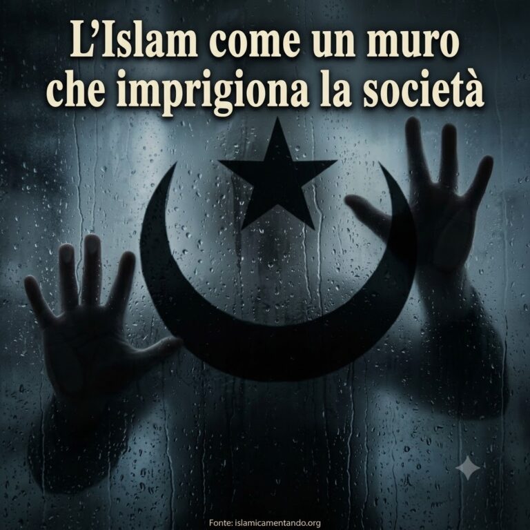 Islam come sistema normativo: mezzaluna dietro un vetro con mani in controluce a rappresentare controllo, ortoprassi e sharia.