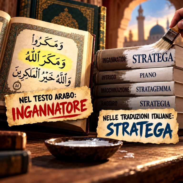 Illustrazione satirica sul Corano: il termine arabo makr confrontato con le traduzioni italiane ingannatore, stratega e strategia.