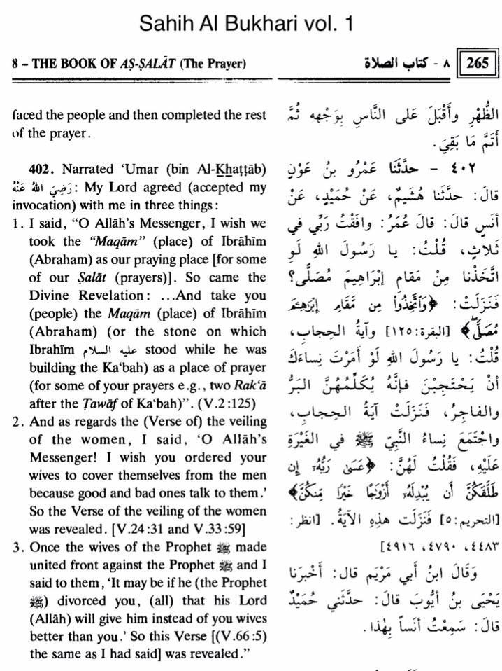 Sahih al-Bukhari hadith 402 - Umar ibn Khattab suggerisce tre versetti a Maometto