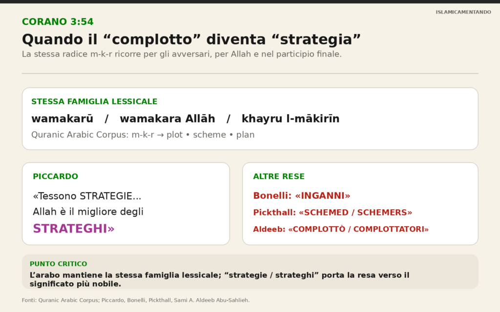 Traduzione di Corano 3:54: confronto tra strategia, inganno e complotto nella resa di makr