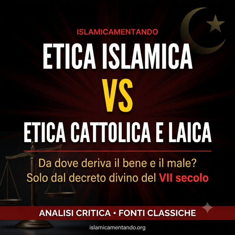 Grafica di confronto tra etica islamica ed etica cattolica e laica. Analisi critica sul fondamento della morale nell'Islam, basata su Corano, Sunna e legge naturale.