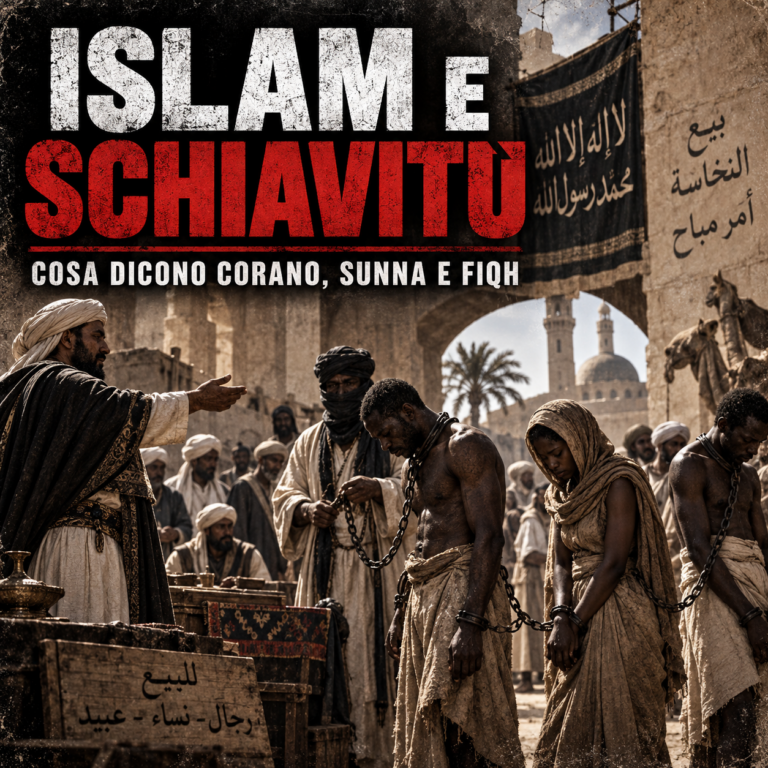 Rappresentazione storica di un mercato di schiavi nel mondo islamico con il titolo “Islam e schiavitù”