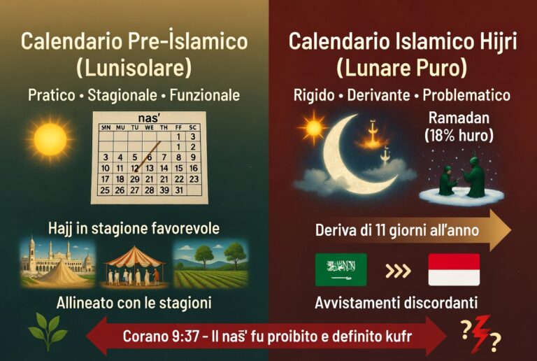 alt="Confronto tra calendario pre-islamico lunisolare e calendario islamico hijri: differenze pratiche, deriva stagionale e proibizione del nasī’ nel Corano 9:37"