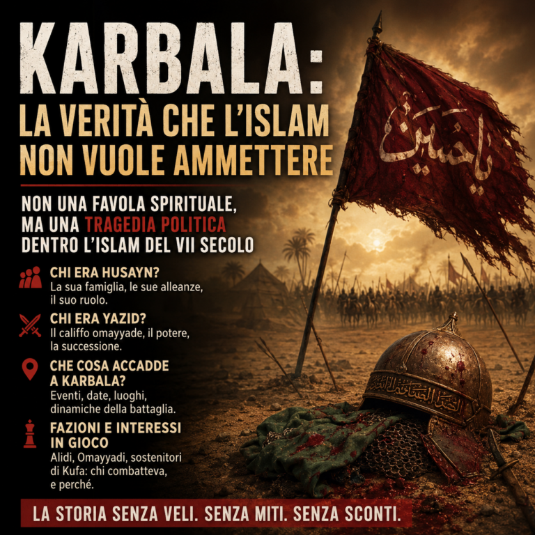 Islam politico e Karbala con elmo insanguinato, vessillo rosso e battaglia nel deserto, simbolo del massacro di Husayn da parte del potere omayyade