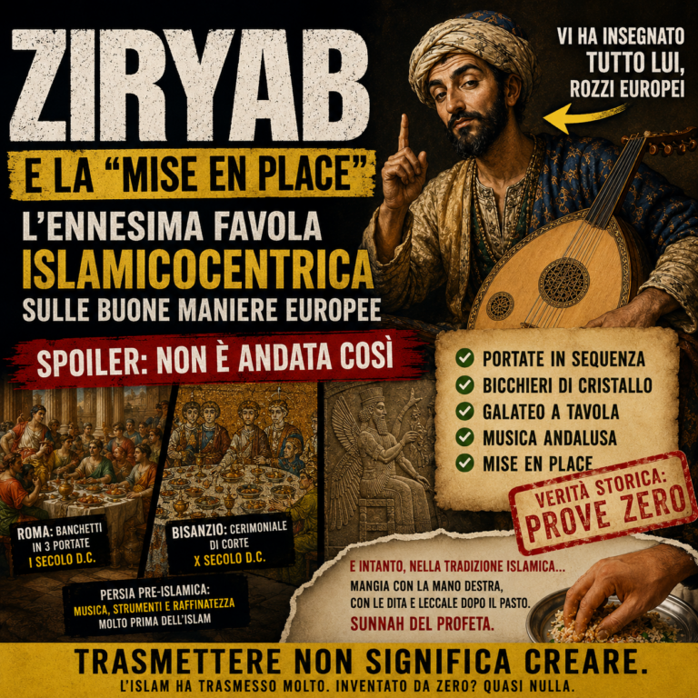 Immagine satirica su Ziryab e la narrazione islamocentrica che attribuisce all’Islam l’origine della mise en place e delle buone maniere europee.