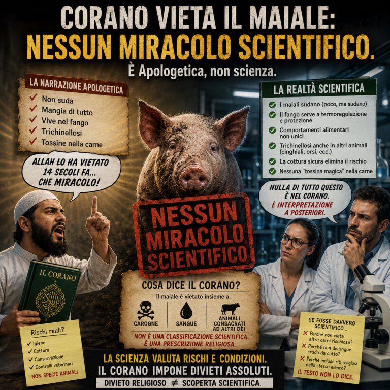 Grafica che spiega perché il divieto del maiale nel Corano non costituisce un miracolo scientifico ma una prescrizione religiosa.
