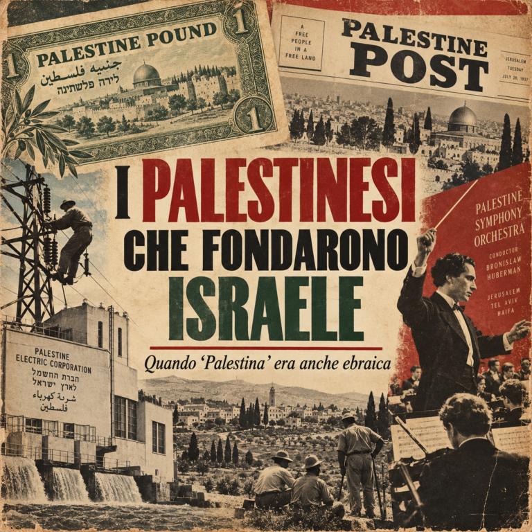 Locandina in stile vintage anni Trenta-Quaranta con il titolo “I palestinesi che fondarono Israele”, banconota Palestine Pound, Palestine Post, Palestine Orchestra e Palestine Electric Corporation