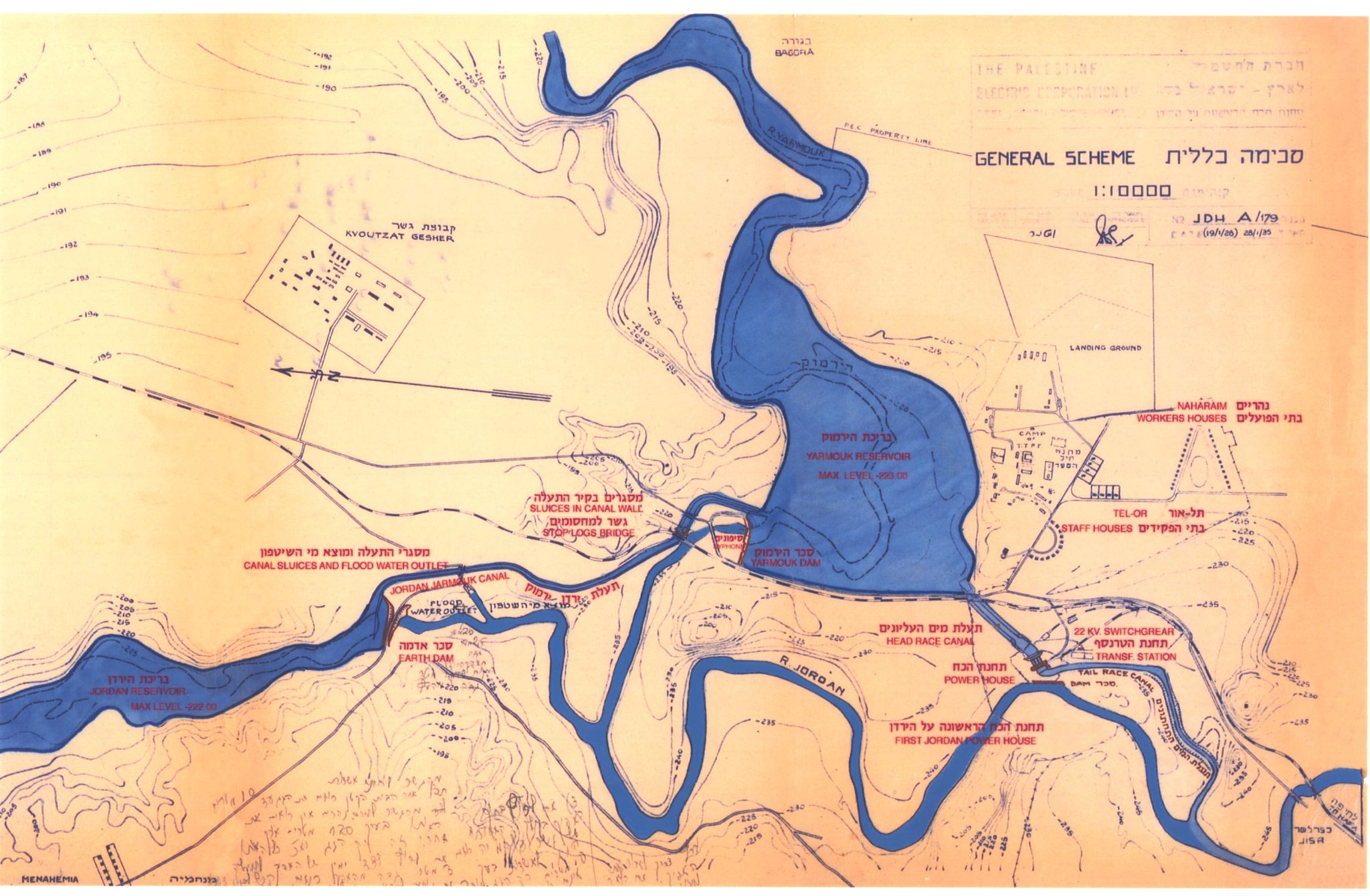 Schema tecnico originale del 1935 della Palestine Electric Corporation con gli impianti idroelettrici lungo i fiumi Giordano e Yarmuk